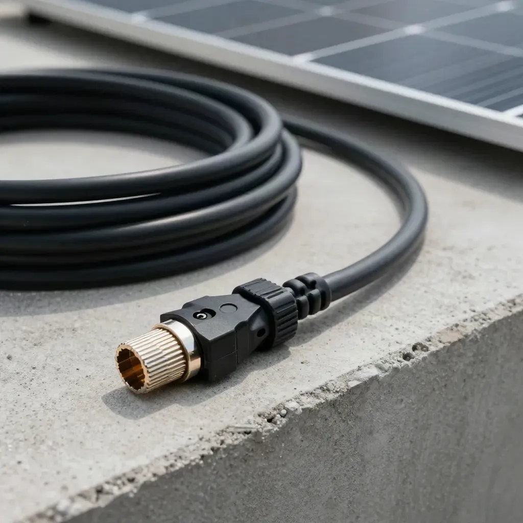 Solarstecker, Crimpferrulen und schwarzes PV-Kabel auf hellem Beton bei dramatischem Licht