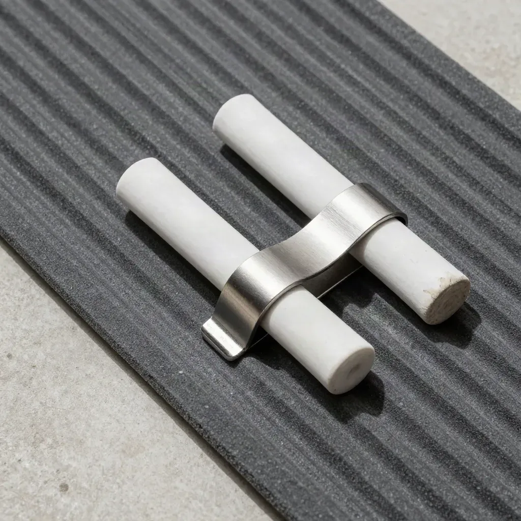 Graphit-Isolationsmatte mit Keramik-Abstandshaltern und Metallklemme auf hellem Beton.