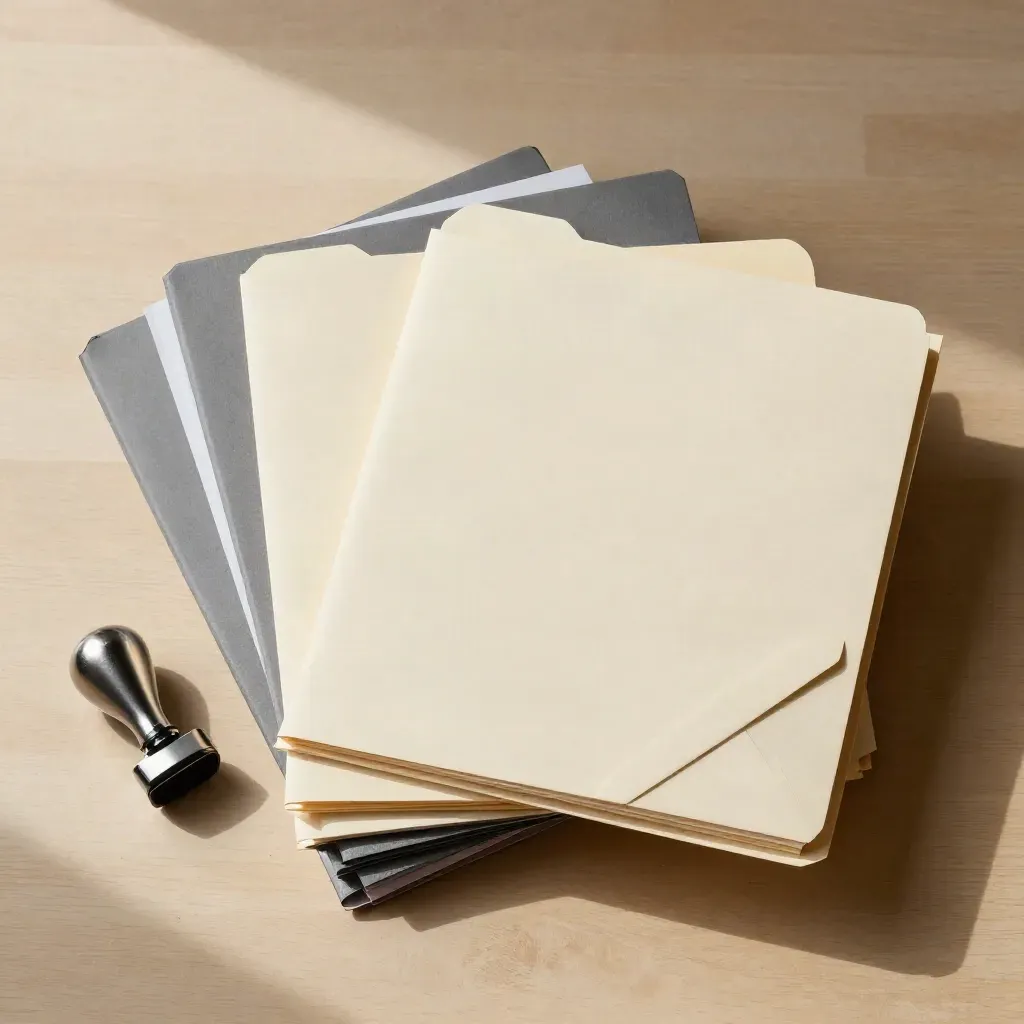 Archivmappen, Stempel und Umschlagbündel auf hellem Holz, von oben fotografiert.