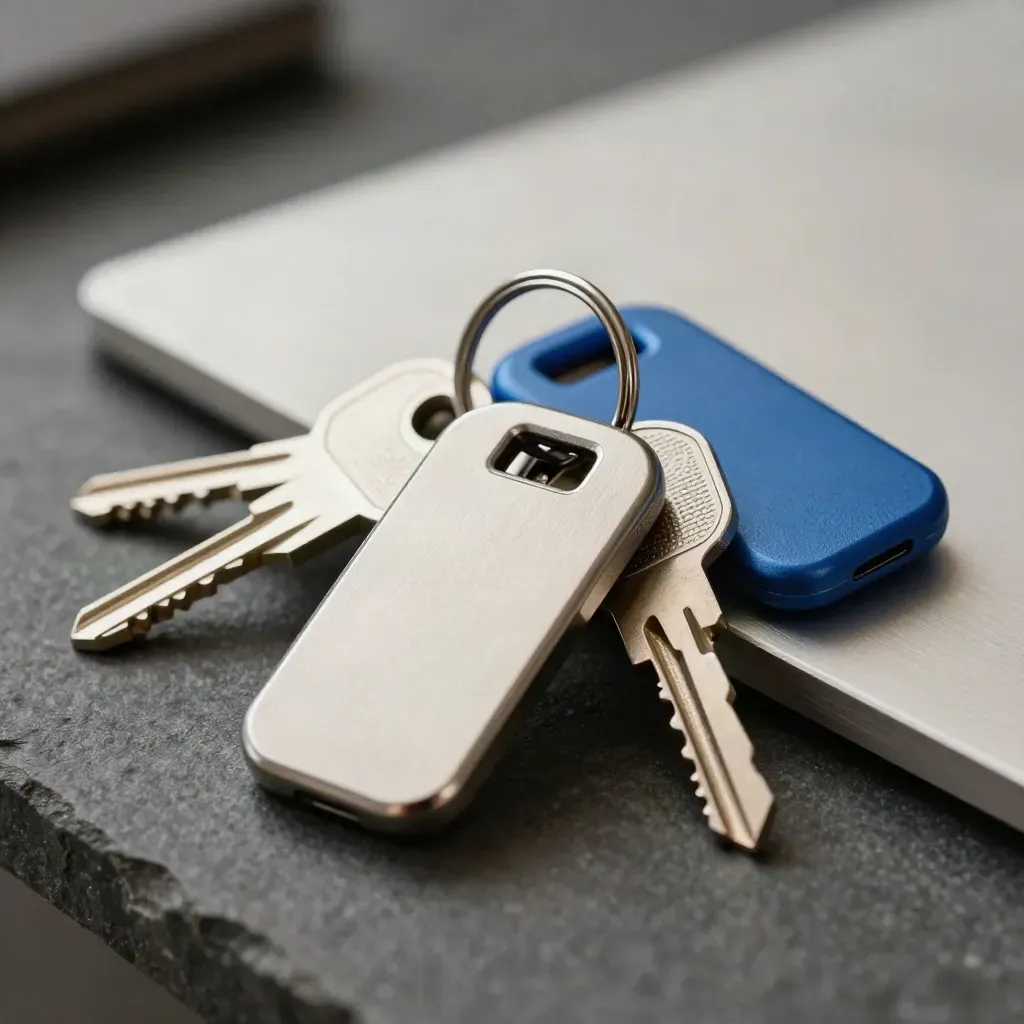 Schlüssel und Zugangsfobs auf dunklem Stein, mit einem blauen Akzent.