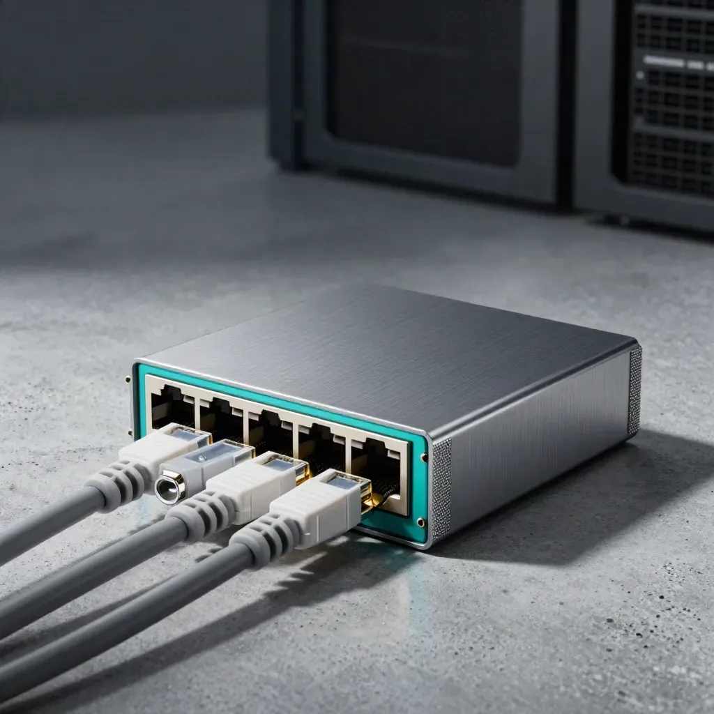 Industrielles Ethernet-Gateway mit RJ45-Steckern, Aderendhülsen und Klemmen auf Beton