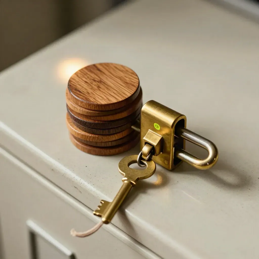 Holz-Tokens, Messingschlüssel und Schlossriegel einer Energiegenossenschaft im Makro.