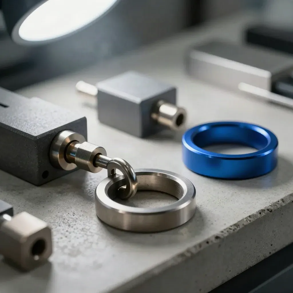 Matte Metallringe und Module auf Beton mit cobaltblauem Akzent im Laborlicht.