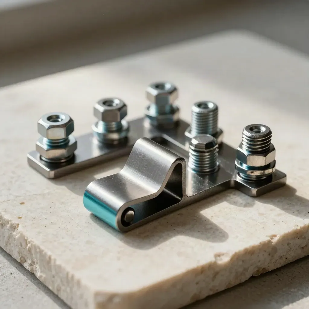 Dramatische Nahaufnahme von Metallbrackets, Schrauben und Clipset auf hellem Stein.