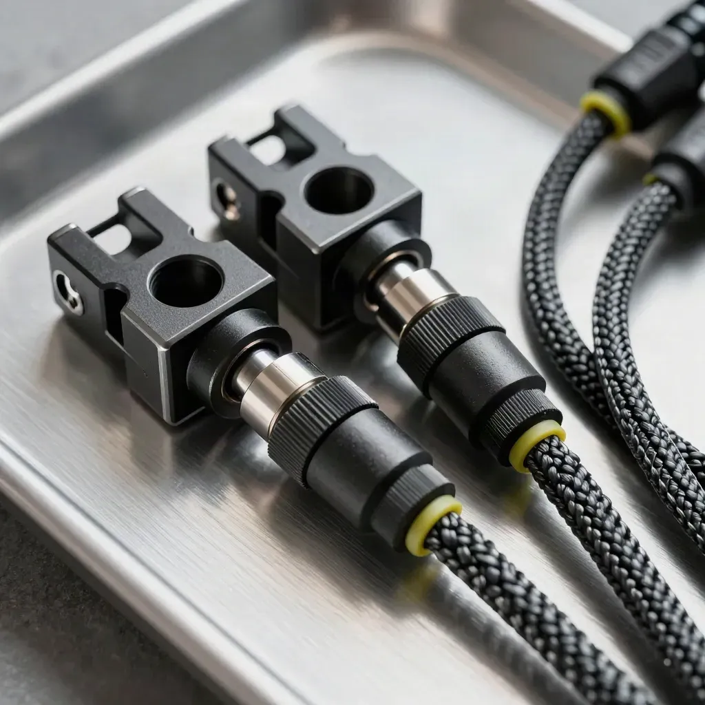Kabelverschraubungen, Server-Clips und Patchkabel auf gebürstetem Aluminium.
